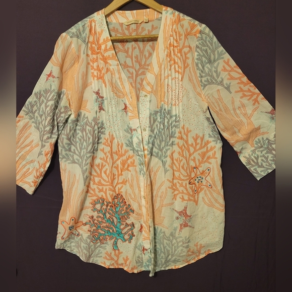 Soft Surroundings Orange and White 3/4 Sleeve Coral Print Button Down Shirt. Siz - Picture 1 of 6